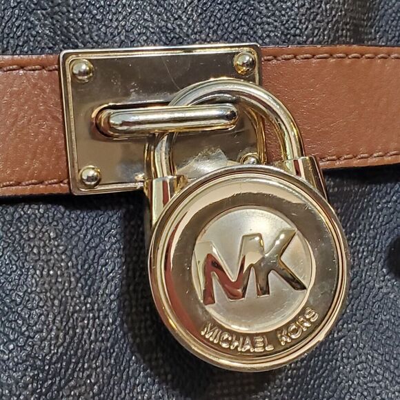 Michael Kors Hamilton bag Satchel Brown Logo Canvas Gold Chain Lock Shoulder - Picture 3 of 12